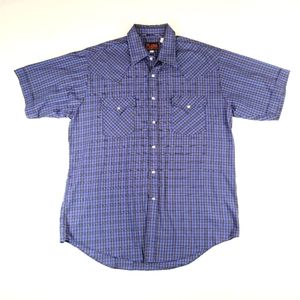 Plains Western Wear Blue Plaid Shirt Short Sleeve Pearl Snap Buttons Size Large